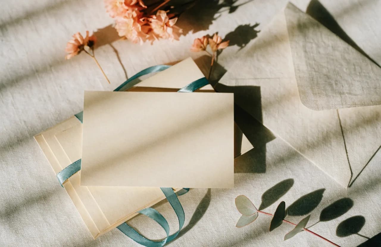 A cream gift card tied with teal ribbon beside peach garden roses